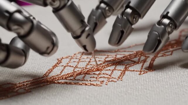 Robotic hands embroidering precise patterns with copper thread.