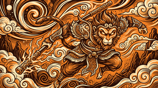 Mythical Monkey King Spirit Vector illustration in Traditional Style