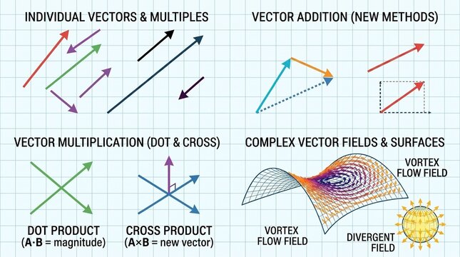 Mathematics illustration of vectors and their operations on a grid background