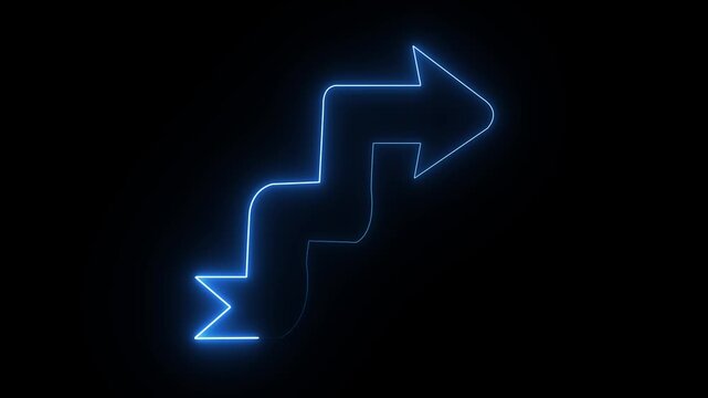 Neon blue zigzag arrow sign glowing on black background, for directional