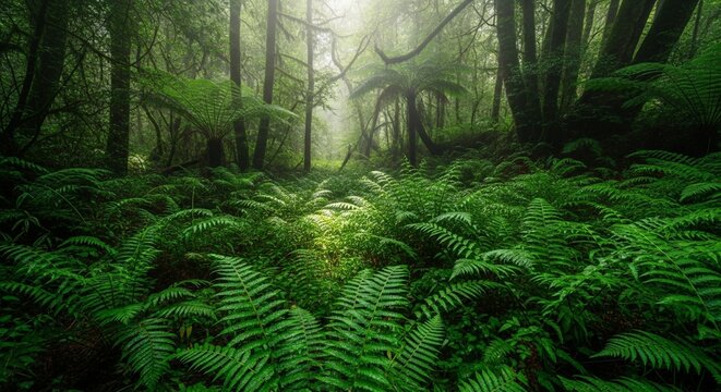 Lush green ferns growing densely under a thick forest canopy