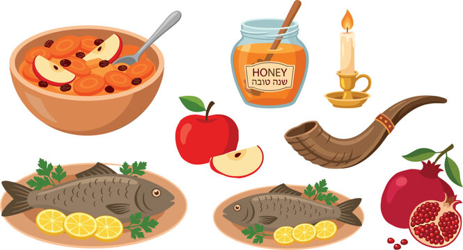  Rosh Hashanah holiday tradition symbols collection vector illustration featuring shofar shaneh tovah honey jar apple pomegranate and gefilte fish