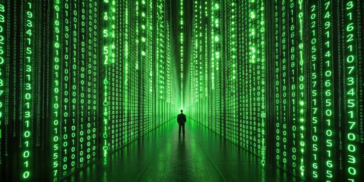 Silhouette walking through neon green binary code digital tunnel for cybersecurity concept