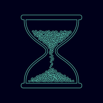 Minimalist neon outline of an hourglass filled with teal binary digits on a dark navy background representing the intersection of coding and time management