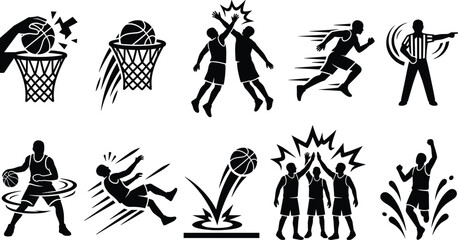 basketball player action pictogram icon set in solid black silhouette style featuring dunking shooting running dribbling celebration and referee signal graphics  © MstMonjila