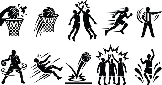 basketball player action pictogram icon set in solid black silhouette style featuring dunking shooting running dribbling celebration and referee signal graphics
