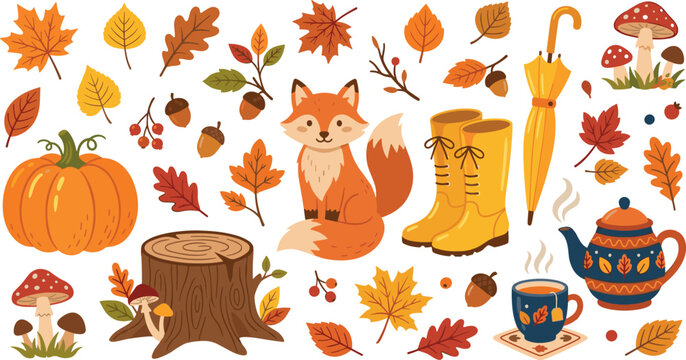 Cozy autumn vector elements collection with cute fox pumpkin colorful fall leaves yellow rubber rain boots umbrella mushrooms isolated on white background