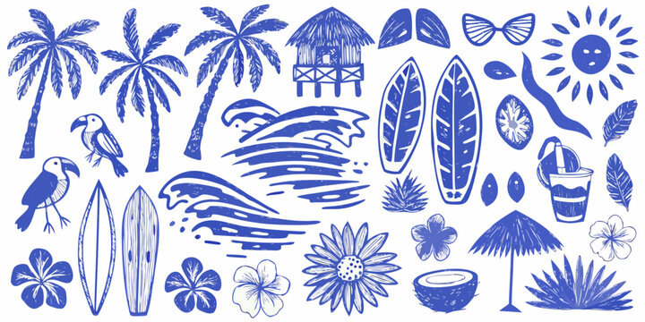 tropical elements detailed illustration blue and white palm tree surfboard flower bird wave umbrella coconut sketch vector pattern summer beach vacation