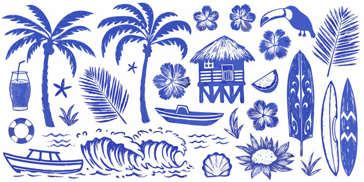 tropical elements detailed illustration in blue color palm tree flower boat surfboard hut wave sea bird fruit sketch vector icon pattern