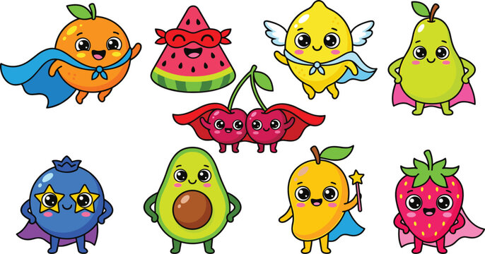 Cute kawaii superhero fruits vector character set featuring orange watermelon lemon pear cherry blueberry avocado mango and strawberry heroes on white background