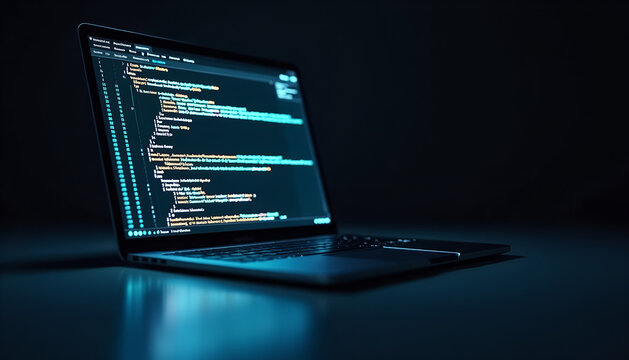 Laptop displaying programming code in a dark environment with blue highlights
