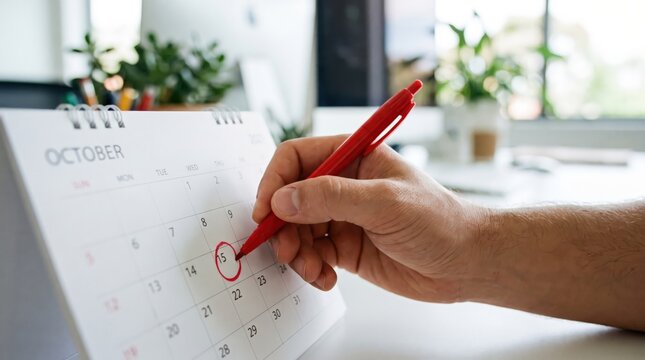 Close-Up View of Bare Hand Holding Vibrant Red Pen Circling Date on White Desk Calendar, Highlighting Time Management Organization, Workplace Productivity, and Modern Office Business Planning Concepts