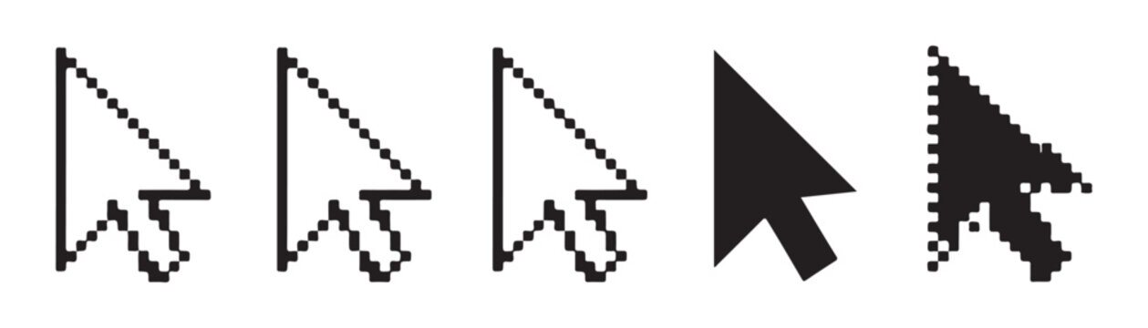 Computer mouse cursor arrow set with pixelated and smooth vector design elements for user interface navig.