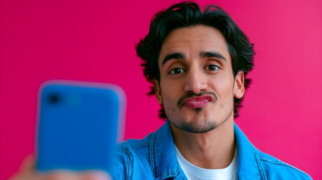 Young man with dark hair making a funny face while taking a selfie with his blue smartphone against pink background