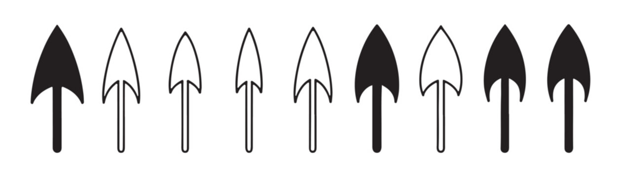 Spearhead silhouette collection with sharp arrow shapes and arrowhead designs for primitive hunting weapons.