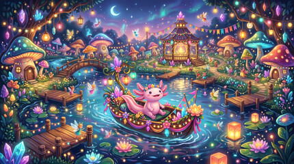 Obraz premium Fantasy pink axolotl riding lantern boat, magical mushroom village, glowing lights reflecting water, starry night sky twinkling. Whimsical fantasy creature festival theme