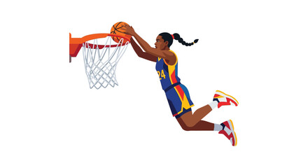 Basketball player dunking illustration vector graphic with a white background and dynamic action pose dunk sport athlete athletics digital art movement competition game ball hoop © Sagor