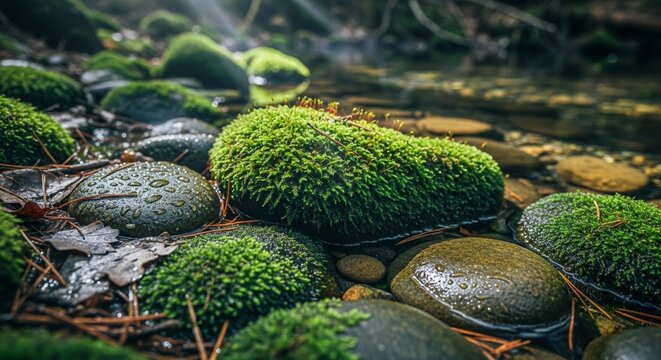 Lush soft green moss growing on wet stones by a natural mountain forest spring