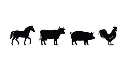 Fototapeta premium Black silhouettes of horse cow pig and rooster on white background