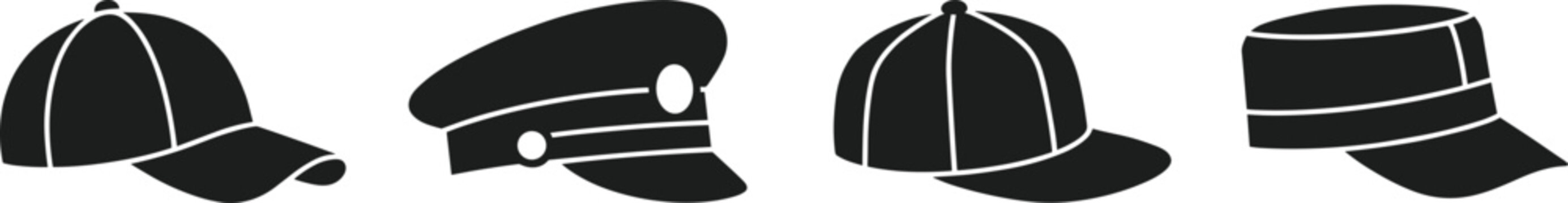 Set of black male hat silhouettes including baseball caps military style visor and captain hat vector illustration