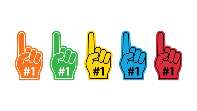 Colorful foam fingers with number one on white background