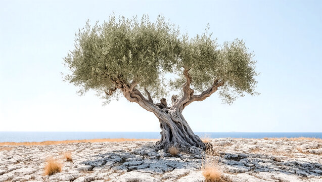 ncient Olive Tree on a Rocky Croatian Island Under the Harsh Mediterranean Sun