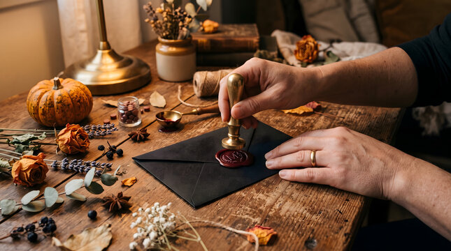 Hands sealing black envelope with wax stamp on wooden desk with autumn decorations