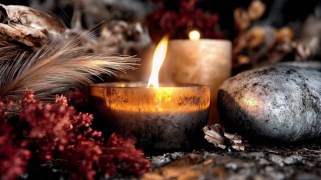 Burning candle in a dark mystical setting with dried flora and stones. Occult ritual scene with flickering flame for meditation and esoteric home decoration.
