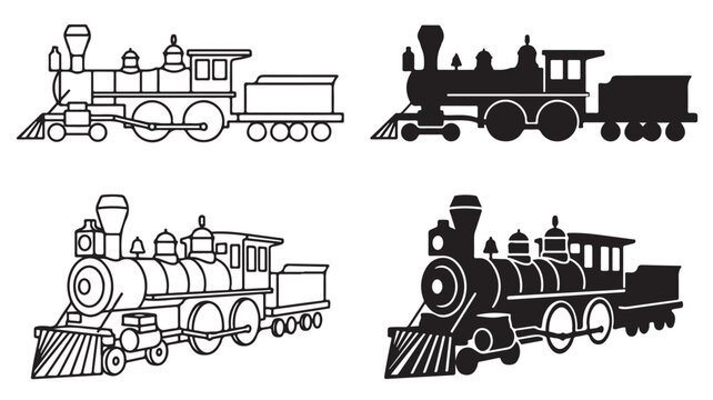 Vintage steam locomotive vector set, antique train engine silhouettes and line art, 4 classic railway transportation icons for logos and design