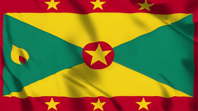 Grenada flag waving in the wind in slow motion loop, a seamless animation, showcasing national symbol with vibrant colors and intricate details.