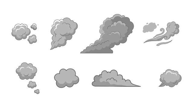 Smoke clouds and puffs in various shapes and sizes  isolated on white