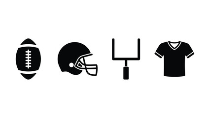 American football sports equipment icons including ball helmet goalpost and jersey © rasheda