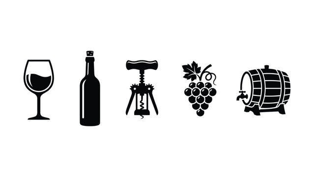 Wine and winery icons including glass bottle corkscrew grapes barrel