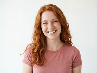 Fototapeta premium Studio portrait of a charming young woman with vibrant curly red ginger hair, wearing a casual pink shirt and smiling warmly against an isolated white background. Clean commercial headshot.