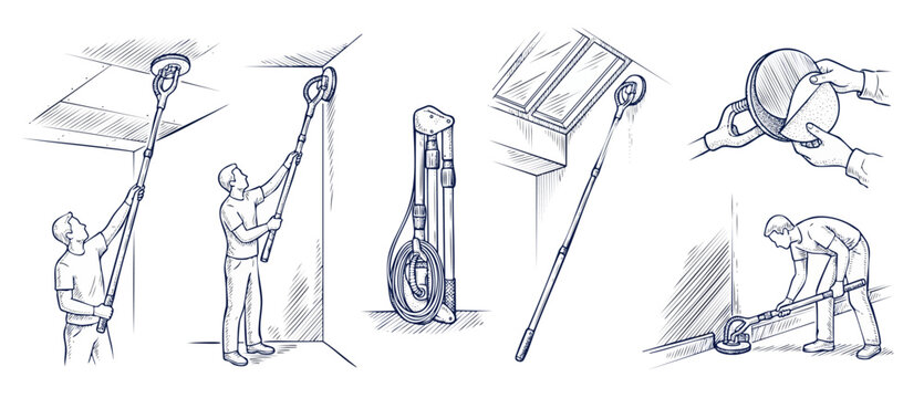 Drywall sander tool sketch illustration showing wall and ceiling sanding steps for home renovation projects, detailing telescopic pole sander usage, abrasive disc replacement, and DIY manual guide.