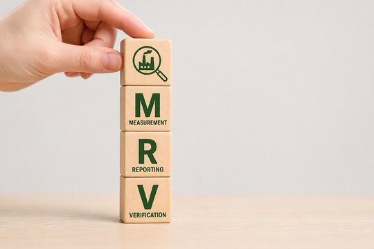 Hand stacking wooden blocks showing mrv concept for environmental carbon reporting