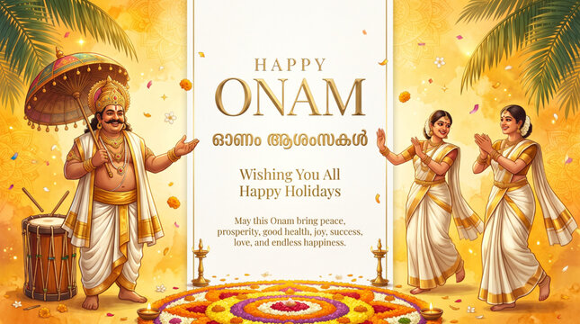 Happy Onam Greeting Banner with King Mahabali Traditional Dancers and Pookalam for Kerala Festival Celebration