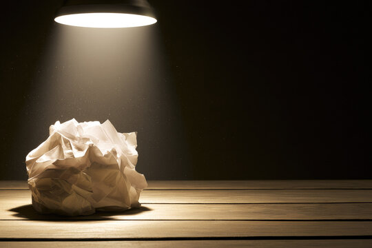 Crumpled paper under spotlight on wooden desk with dark empty background, minimalist scene and dramatic light for writing thesis concept