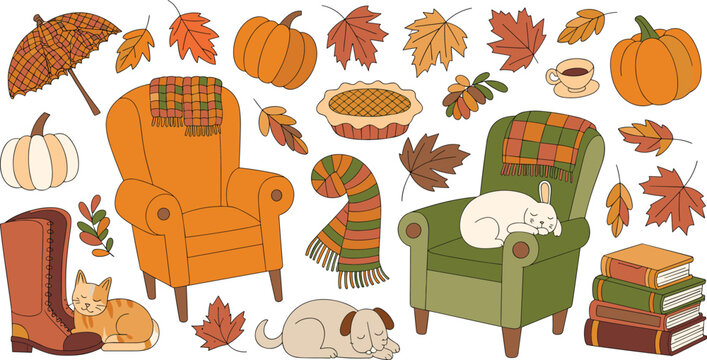 Cozy autumn vector illustration element set featuring pumpkins leaves armchairs sleeping pets warm scarf pie and books isolated on white background