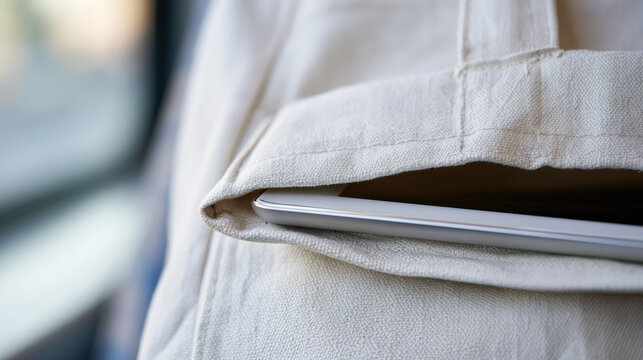 Tablet tote bag canvas tote bag close up transit window natural light fabric texture digital tablet blurred background copy space public transit lap minimalist sleek device soft light white fabric
