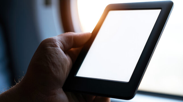 Reading public transit hand holding e reader with blank screen, morning light and minimal background