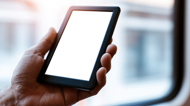 Hand holding e reader with blank screen in train window sunlight, close up