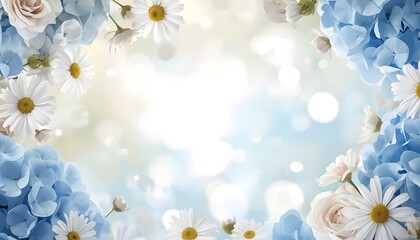 Obraz premium Floral frame with blue hydrangea and white daisies on soft bokeh background for celebration hydrangea background botanical blooming greeting
