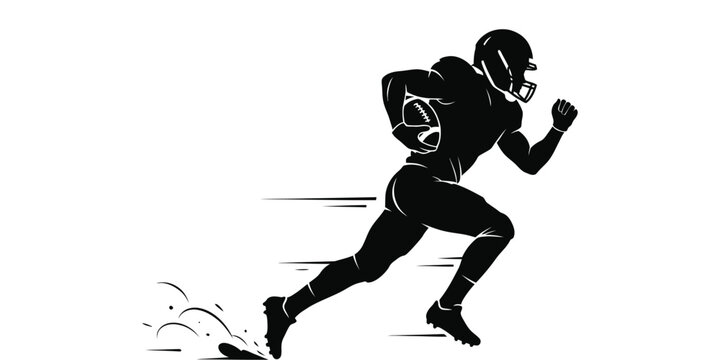 Black silhouette of professional football player running fast with ball on white background