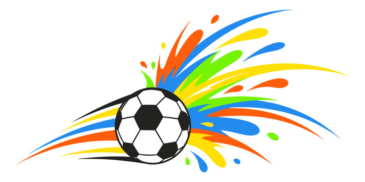 Dynamic Soccer Ball Illustration with Colorful Paint Splashes and Energy Trails