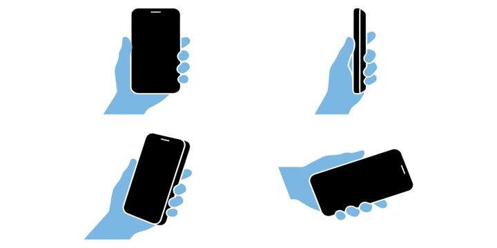 Set of Four Hand Holding Mobile Phone Icons for Digital Device Interaction and User Experience