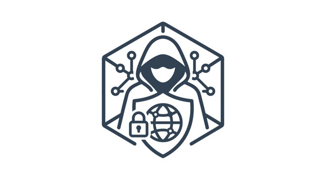 Cyber hacker icon with shield and globe.