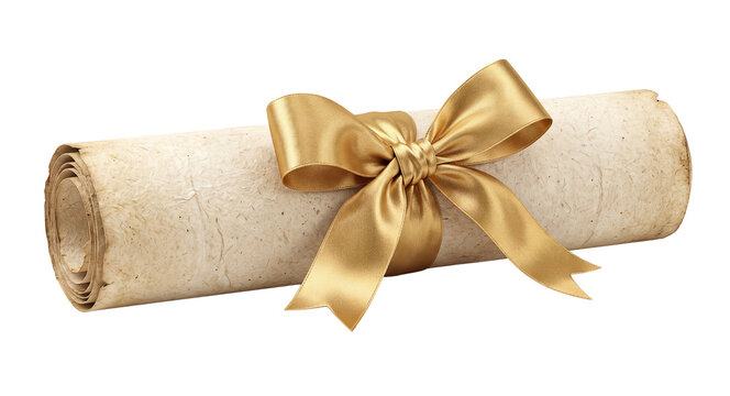 Vintage paper scroll with elegant gold ribbon isolated on transparent background