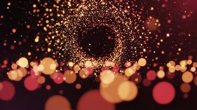 Glowing particles swirl in a vibrant tunnel of light and color
