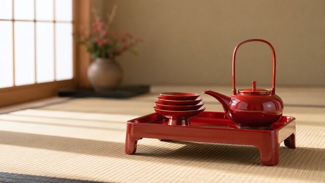 朱塗りのお屠蘇の器 銚子と盃 お正月の朝の和室